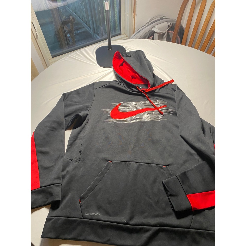 Nike Therma-FIT Mens Hoodie Black Red Swoosh Graphic Pullover 749517-010 L